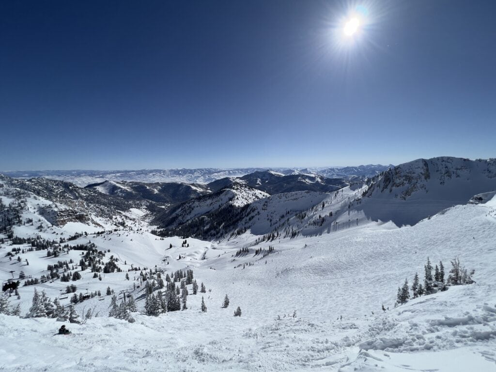 Rugged back bowl terrain at Alta Ski Area in Utah, showcasing snow-covered mountain slopes and alpine wilderness.