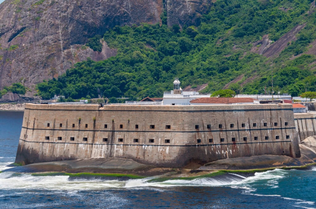 Located in Niteroi city, Rio de Janeiro, Brazil is called Fortaleza Santa Cruz da Barra. The historic Santa Cruz Fortress built by the Portuguese to guard the entrance to Guanabara Bay from invaders.